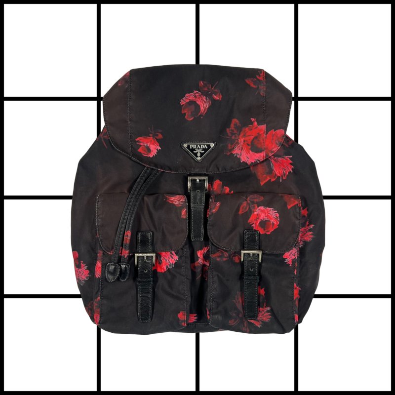 |[ 2000s Prada Red Roses Print Black Re-Nylon Backpack ]|