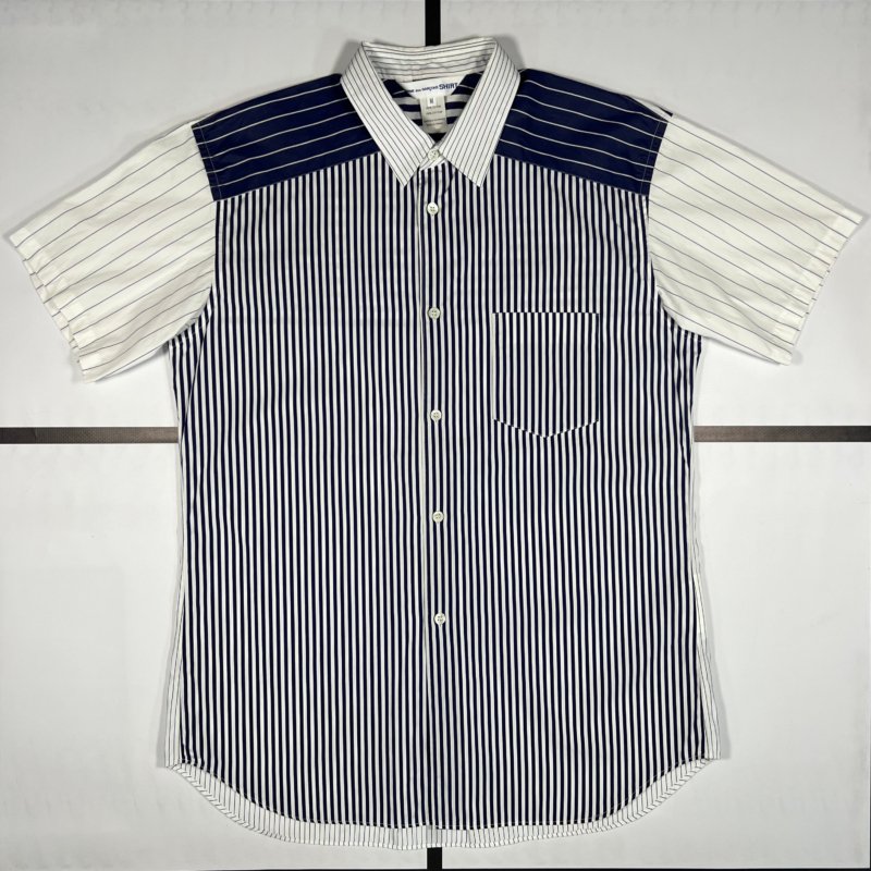 |[ S/S2020 Comme des Garçons Stripe Patchwork Short Sleeve Button Up Shirt ]|