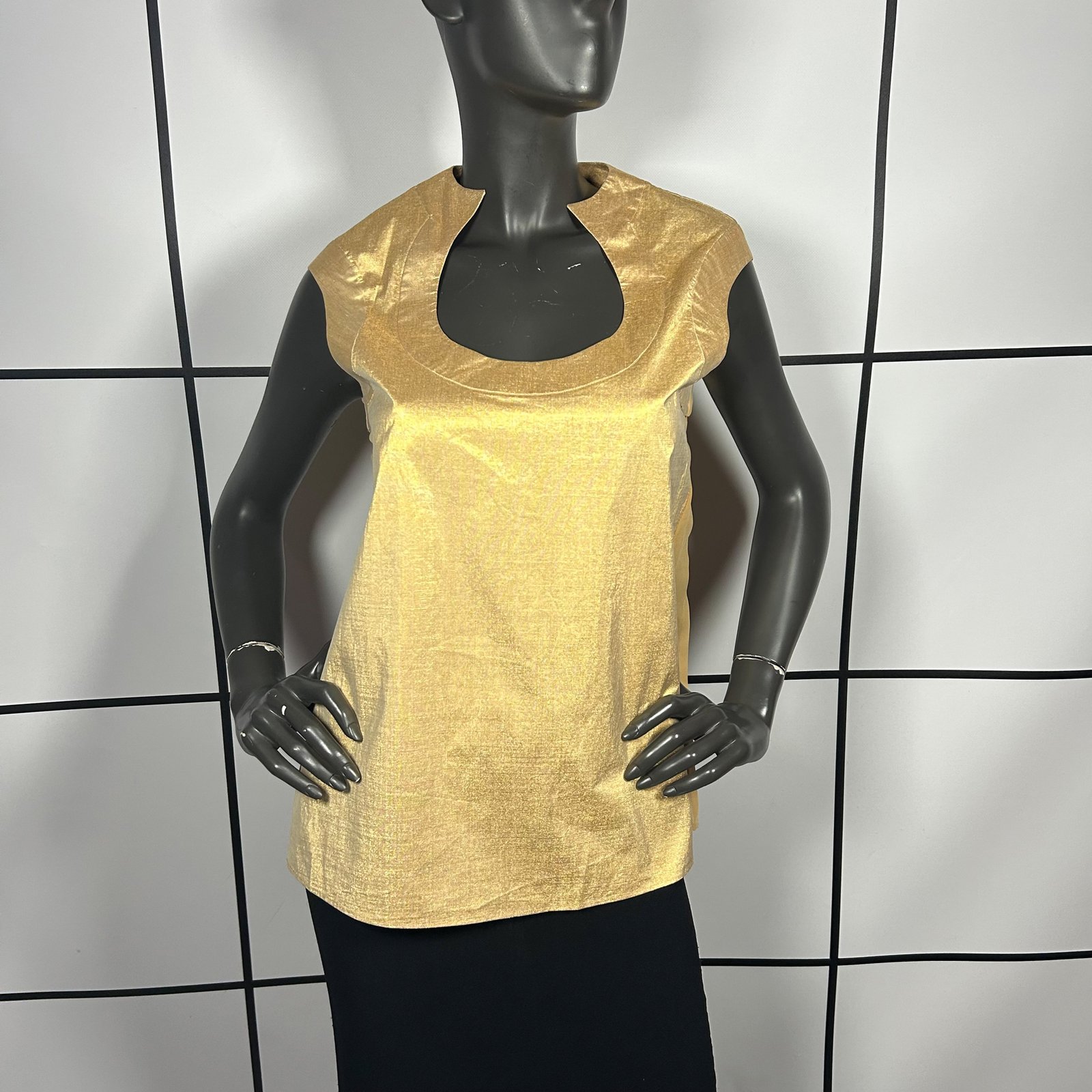 S/S2000 Alexander McQueen Eye Gold Metallic Lame Form Fit Cutout Blouse Top