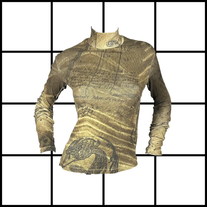 2000s Just Cavalli Archeology Print Brown Washed Turtleneck