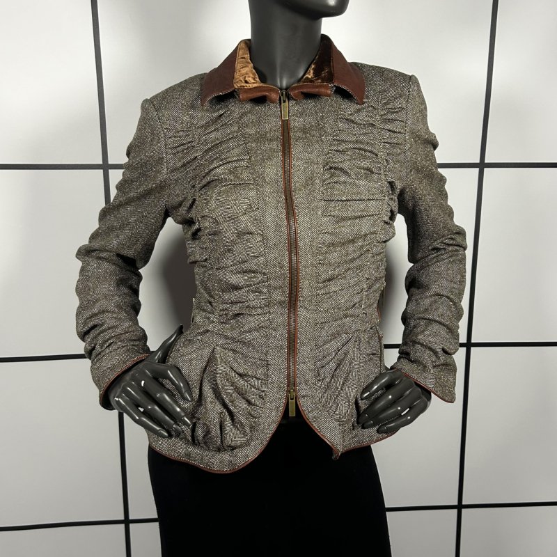 |[ 2000s Roberto Cavalli Double Zipped Pleated Wool Jacket With Silk Reptile Lining ]|