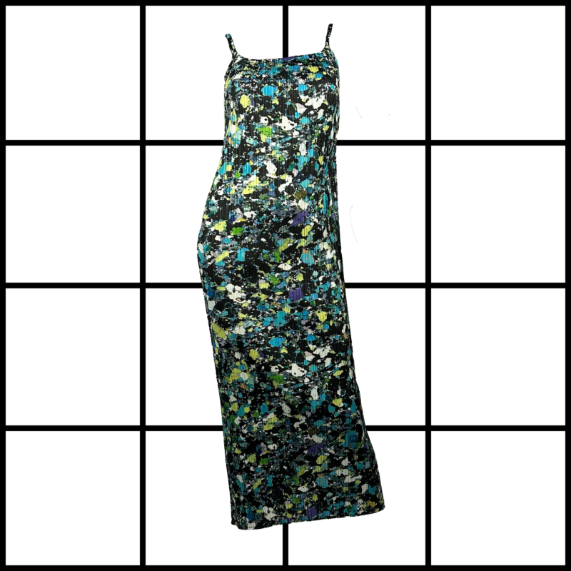 2000s Issey Miyake Sample Pleated Paint Splatter Print Dress