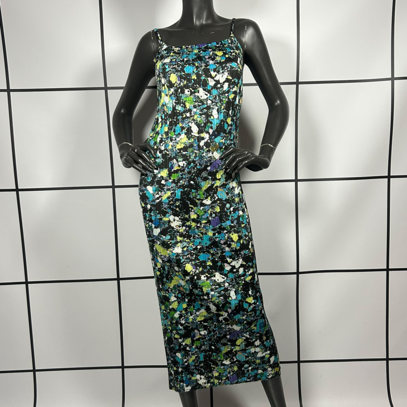 2000s Issey Miyake Sample Pleated Paint Splatter Print Dress