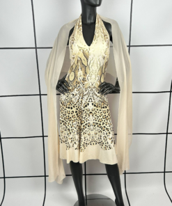 2000s Roberto Cavalli Leopard Midi Dress with Silk Scarf