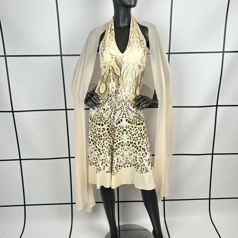 2000s Roberto Cavalli Leopard Midi Dress with Silk Scarf